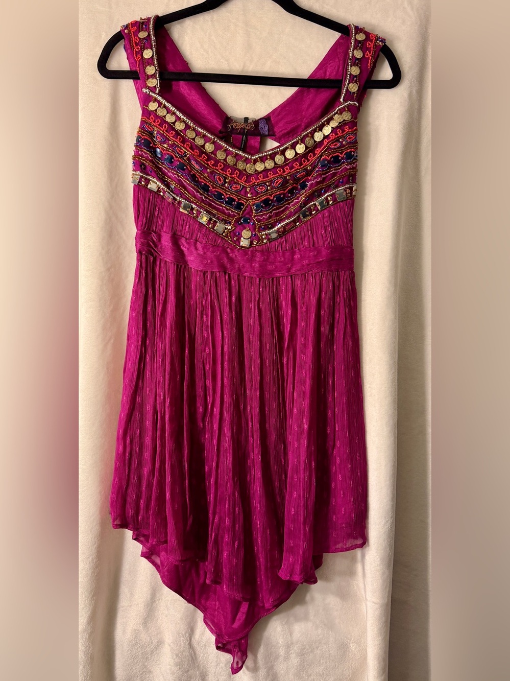 Free People NWT Fuchsia Beaded Coin Embellished Mini Dress Size 2 $350 Retail